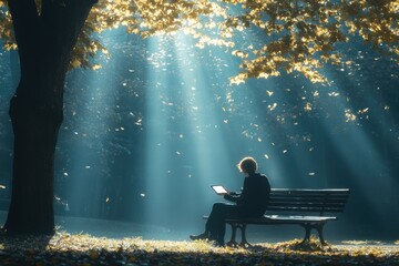 Fototapete - Person seated on a park bench using a tablet under sunlight filtering through autumn leaves. Generative AI