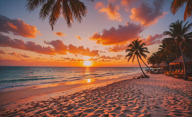 Fototapete - A beautiful beach with palm trees and a sunset in the background. The sky is filled with clouds and the sun is setting