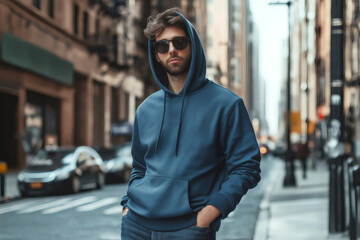 Fashionable man wearing a stylish blue hoodie mockup, standing confidently on a bustling city street in New York, exuding urban flair