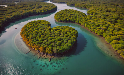 Fototapete - A river with a large tree in the middle of it. The water is green and the trees are lush