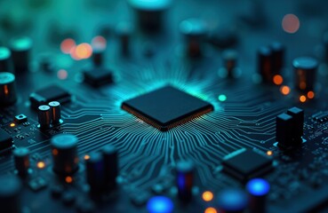 Leinwandbilder - Macro view of illuminated circuit board. Blue, green lights highlight intricate components, microchips. Modern tech design with detailed patterns shows connectivity. High tech hardware concept.