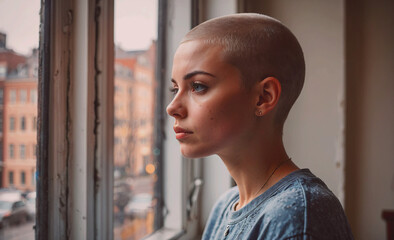 Wall Mural - A woman with short hair and a blue shirt is looking out the window. The scene is set in a city with cars and a building in the background. The woman is lost in thought, possibly contemplating her