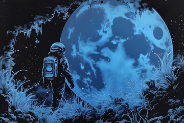 Wall Mural - The back of an astronaut exploring a strange planet. Pink planets in the background. Science fiction illustration in synthwave colors.
