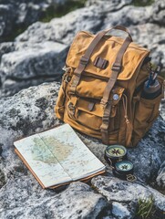 Poster - Vintage backpack resting on rocky terrain with detailed map and compass during outdoor exploration. Generative AI