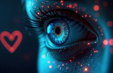 Fototapete - Close up view of futuristic eye. Cyberpunk eye with digital interface. Tech eye in dark tech space. Artificial intelligence concept. Security, futuristic design. Woman eye with cybernetic vision.