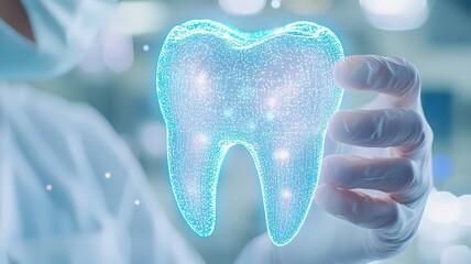 Wall Mural - 3d dentist wearing gloves holding glowing digital tooth, showcasing innovation in dental technology 