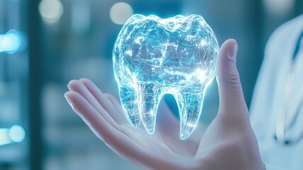 Wall Mural - 3d dentist wearing gloves holding glowing digital tooth, showcasing innovation in dental technology 