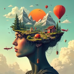 Poster - Young woman profile view with creative landscape floating in head. Floating village, mountains above head with balloons, airplanes. Colorful, surreal. Creative art piece shows inspiration, creativity