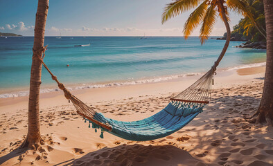 Poster - A blue hammock is hanging over the beach. The beach is calm and peaceful