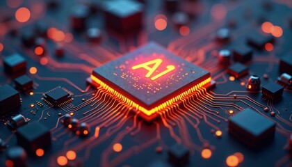 Leinwandbilder - AI processor glows brightly on circuit board. Data streams flow through complex network of circuits. Modern tech component computing power. Embedded in intricate network. Electronic components light