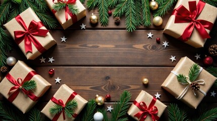 Wall Mural - A Festive Arrangement of Wrapped Gifts with Natural Accents on a Rustic Wooden Surface