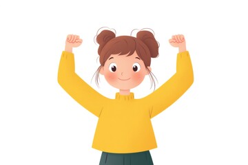 Wall Mural - Cute young girl with two buns is raising her fists and cheering, expressing joy and victory in this vibrant illustration