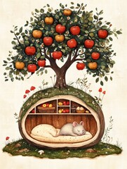 Poster - Cozy mouse sleeping under a tree filled with red apples in a whimsical forest setting. Generative AI