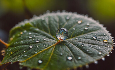 Poster - A leaf with a drop of water on it. The water droplet is small and clear. The leaf is green and has a shiny surface
