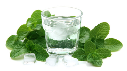 Wall Mural - glass of vodka with ice cubes and mint isolated on white background	