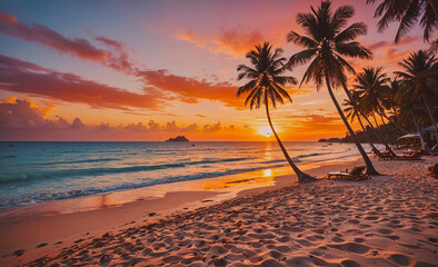 Fototapete - A beautiful beach with palm trees and a sunset in the background. The sky is filled with clouds and the sun is setting