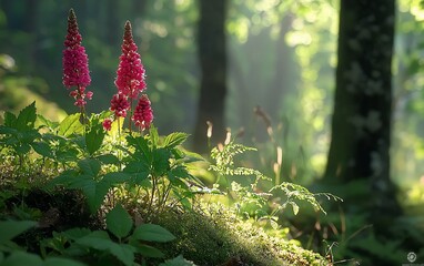 Wall Mural - Sunlit pink wildflowers in a lush forest.