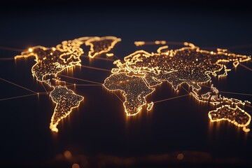 abstract glowing world map on a dark background with connected points. global networking and digital