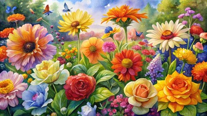 Wall Mural - Artistic watercolor captures a blooming summer garden's vibrant floral detail.