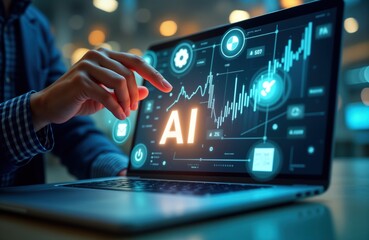 Fototapete - Person interacts with laptop screen displaying AI tech. Business use of AI in sales reports, tax invoices. Automated CRM software, robotic process automation. Business data visualization on screen.