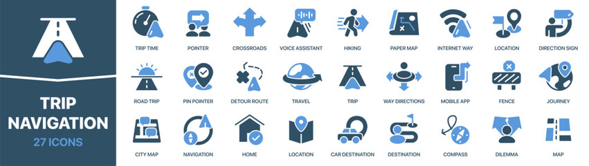 Leinwandbilder - Trip and navigation colored signed icon collection. Travel, location, journey, road, map icons. UI icon set. Colored icons pack. Vector illustration EPS10