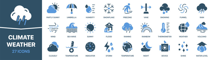 Wall Mural - Climate and weather colored signed icon collection. Snow, rain, sunny, cloud, storm icons. UI icon set. Colored icons pack. Vector illustration EPS10
