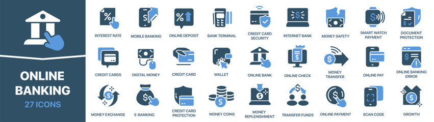 Leinwandbilder - Online banking colored signed icon collection. Online check, payment, money transfer icons. UI icon set. Colored icons pack. Vector illustration