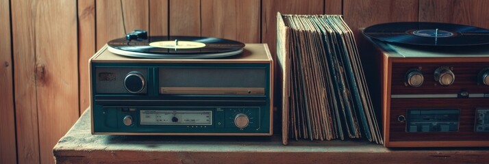 Aufkleber - Vintage record player and vinyl records on wooden shelf in cozy interior setting. Generative AI