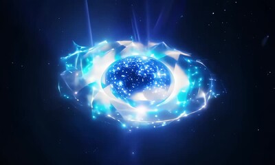 Wall Mural - Glowing celestial blue light sphere energy in swirlinng nebula cosmic universe background 
