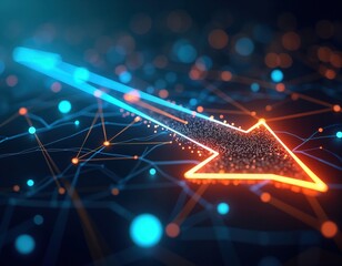 Poster - Futuristic arrow points downward. Neon network structure shows tech direction. AI generated illustration represents future digital data flow. Abstract triangular shapes with glowing lines. Dynamic,