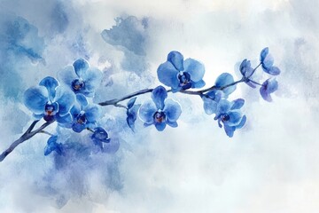 Stunning Watercolor Illustration of a Branch Featuring Blue Orchid Blooms in a Natural Floral Composition