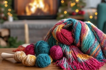Poster - Colorful yarn and cozy scarf displayed in a warm living room with a crackling fireplace and festive decorations during winter. Generative AI