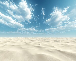 Wall Mural - Vast, white sand desert under a bright blue sky with fluffy clouds.