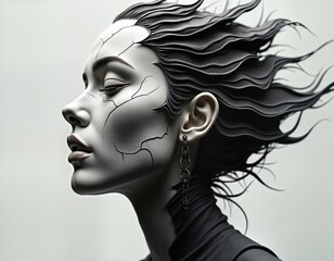 Aufkleber - Abstract digital portrait of woman with futuristic, fragmented face. Face intricate cracks, lines. Hair dark, stylized. Image evokes sense of decay, technology mixed with fantasy, surrealism.