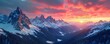 © miss irine - Winter wonderland sunset view in snow covered mountains. Dramatic colorful sky at dusk. High alpine peak range. Scenic vista with snowy forests. Majestic landscape in the cold season.