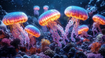 Wall Mural - a radiant jellyfish and vibrant coral reef shimmer in the depths of a dark ocean, bathed in a mesmer