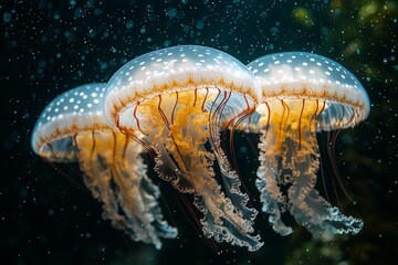 Wall Mural - A school of bioluminescent jellyfish illuminating the deep, dark ocean waters