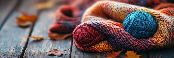 Poster - Cozy yarn and leaves arranged on a wooden surface during autumn afternoons embracing warmth and creativity. Generative AI