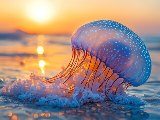 Panoramic ocean scene: Bioluminescent blue jellyfish at night