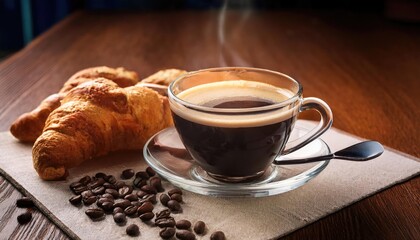 Wall Mural - Cup of coffee and croissant in the table