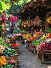Poster - Vibrant market filled with fresh fruits and vegetables in a bustling outdoor setting during a sunny day. Generative AI