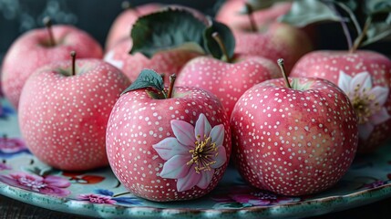 Wall Mural - A close up of pink apples with white and red design on plate 