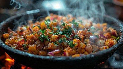 Wall Mural - A perfect close up of hot delicious food cooked on a pan  looks yummy 