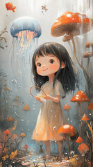 Wall Mural - illustration for a children's book A girl with a cheerful expression and various bizarre plants and mushrooms growing around her. The illustration evokes the feeling of a delightful children's book wi