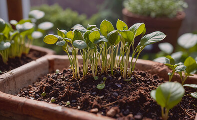 Poster - Small pot of plants with green leaves and brown dirt. The plants are growing and are in a small container