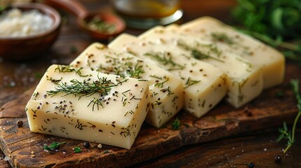 Wall Mural - A close up of delicious five slices of cheese garnished with herbs on wooden table