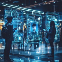 Fototapete - People interacting with digital displays in a modern tech venue during an evening event. Generative AI