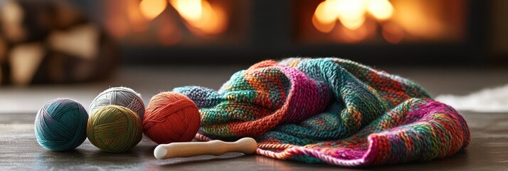 Aufkleber - Colorful yarn and a cozy knitted blanket beside a warm fireplace on a cold evening in a rustic living room setting. Generative AI