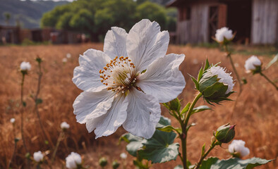 Poster - White flower in a field with a brown background. The flower is the main focus of the image