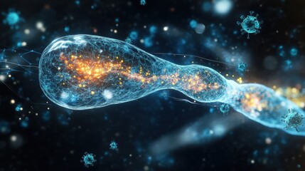 Aufkleber - Visual representation of cellular activity in a microscopic world showcasing vibrant interactions and structures. Generative AI
